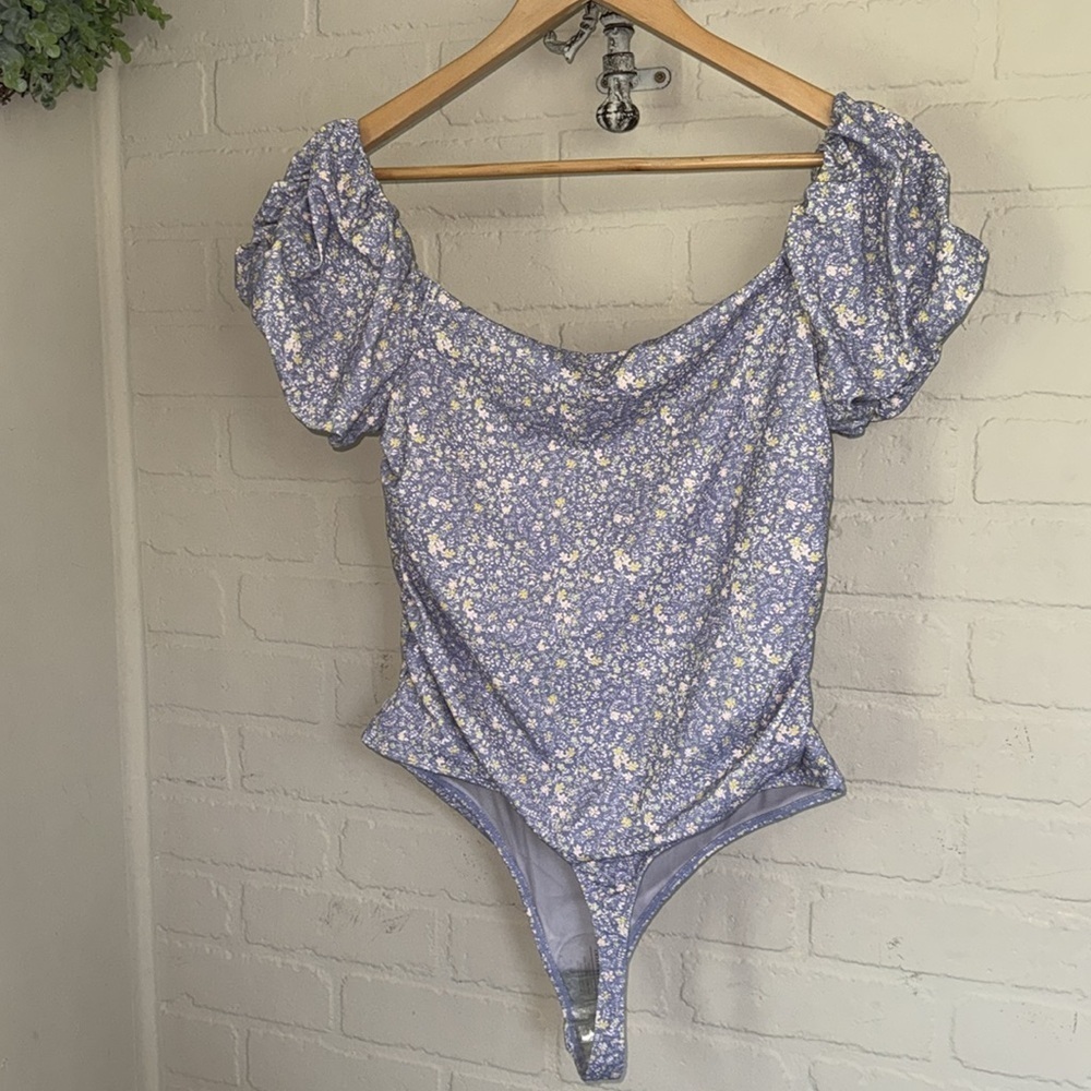 Free People bodysuit puff ruched shirt sleeve Bella chambray combo floral xL NeW - Picture 8 of 11